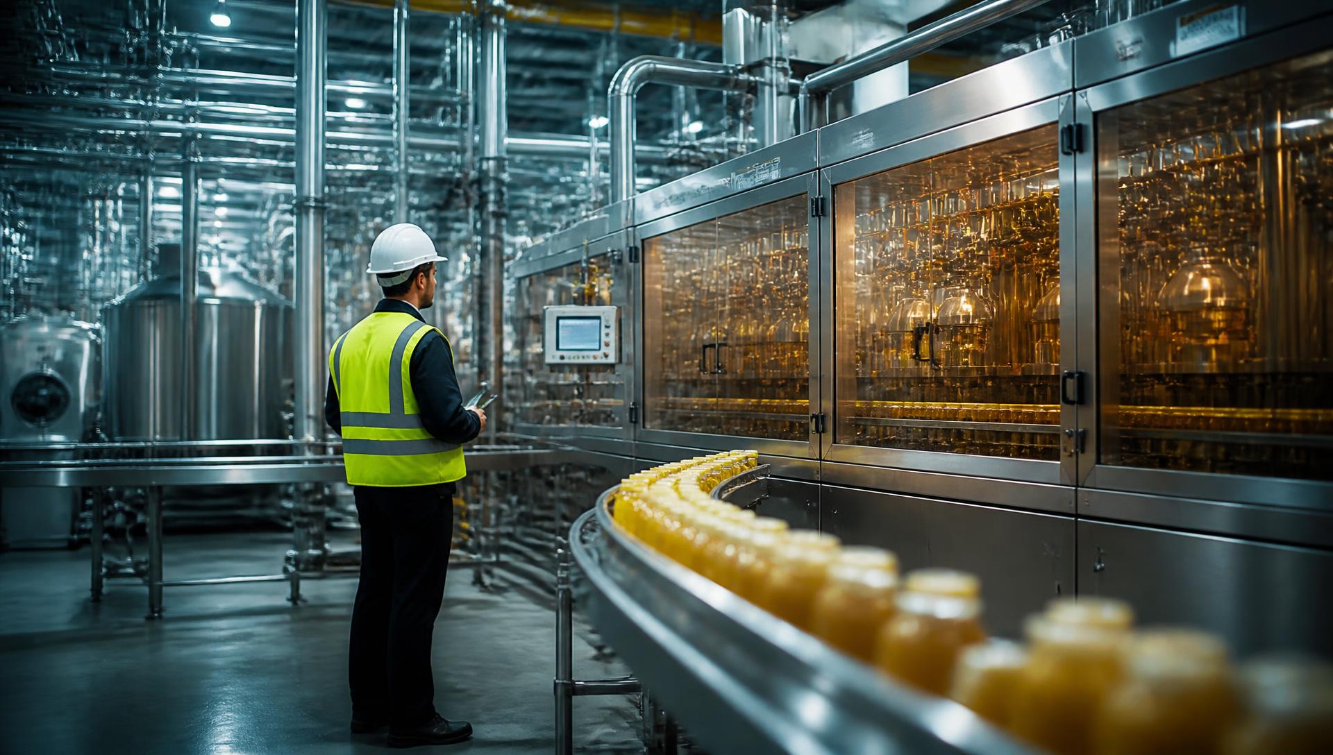 Engineer inspecting a stainless steel bottling line inside a food manufacturing plant