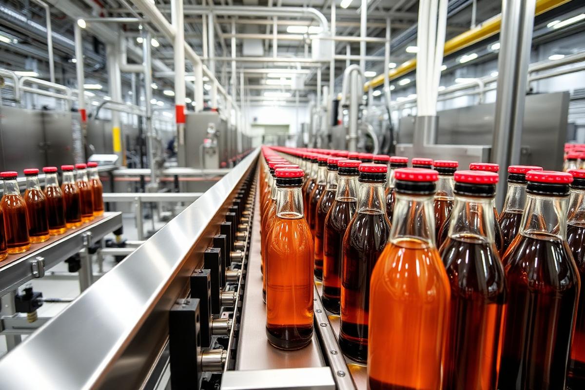 Bottles moving along a stainless steel conveyor in a beverage processing plant