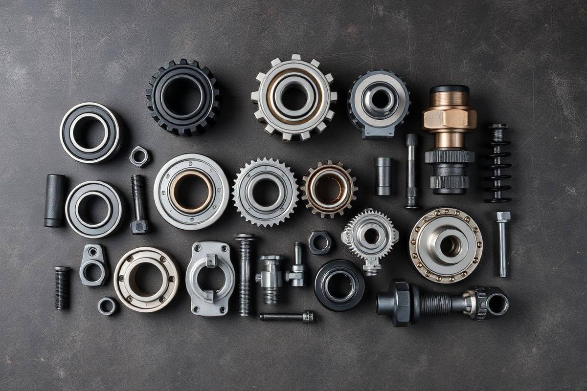 Industrial bearings, gears and mechanical components laid out on a steel workbench